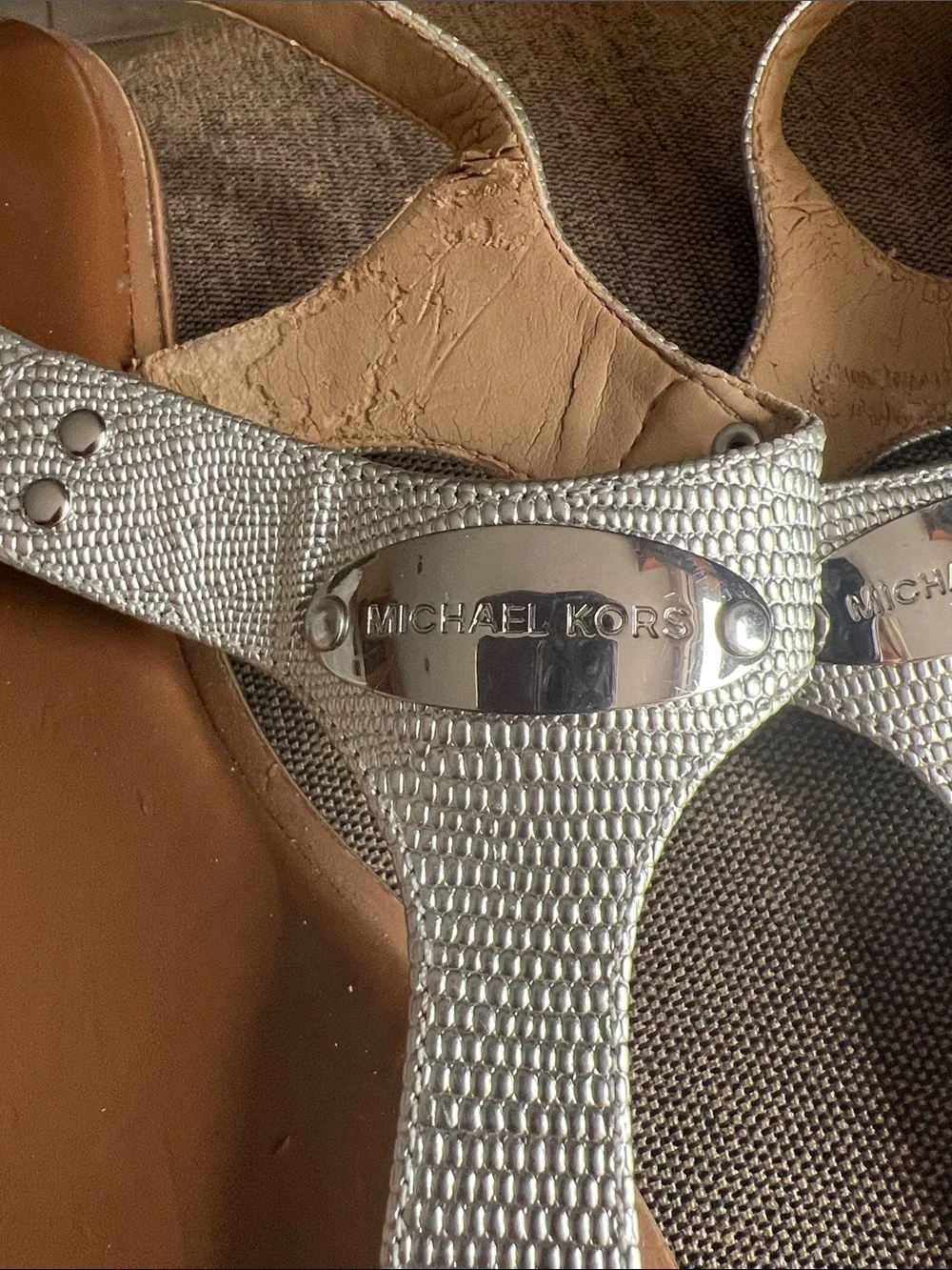 Michael Kors Silver Metallic Thong Sandals with Brown Footbed